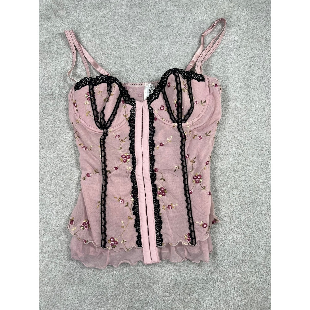 Rampage Pink Floral Embroidered Mesh Bustier Corset Top Black Lace Trim 34B Y2K‎ - Picture 7 of 12